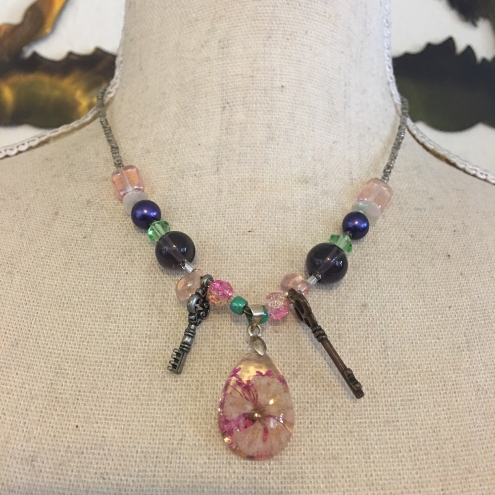 Handmade dried floral resin beaded necklace
